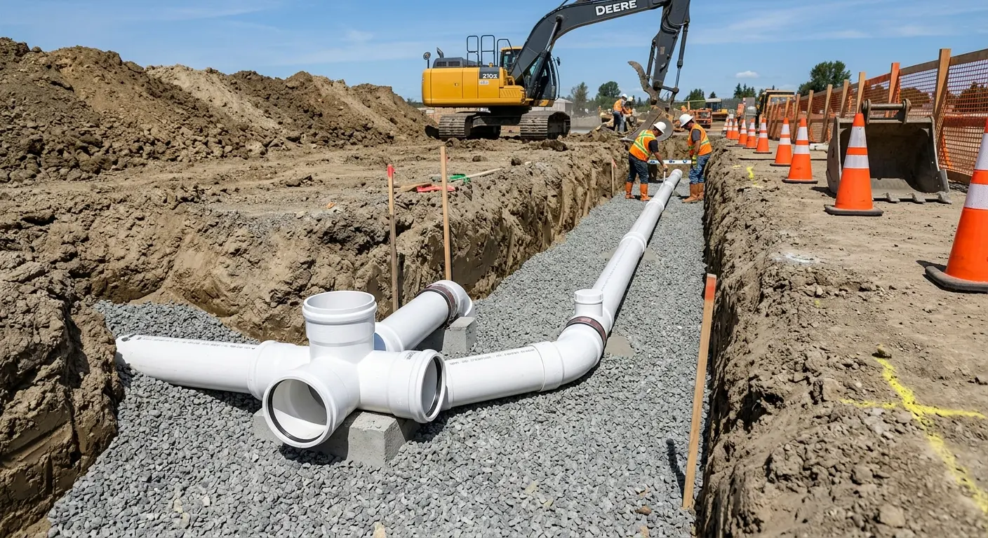New PVC sewer pipe installation in open trench for Sewer Backup in Argyle