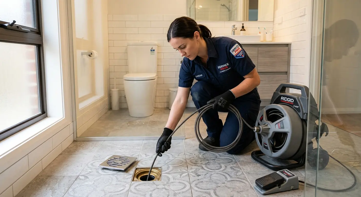 Technician clearing a bathroom floor drain for Hydro Jetting in Argyle
